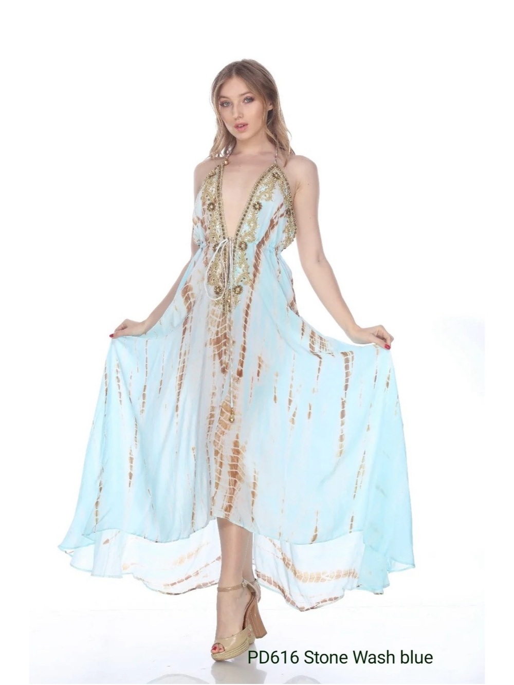 Manish Vaid Resort Vacation Stone Wash Blue Halter High Low Maxi Dress M L